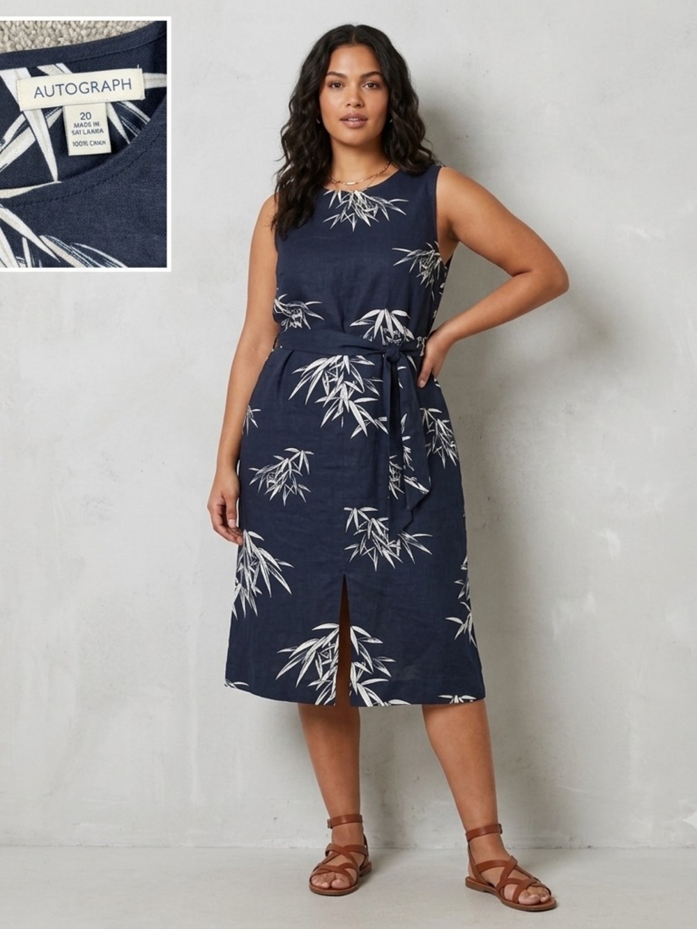 M&S Autograph Blue Flax Linen Sleeveless Midi Belted Dress Preppy Women’s US 20
